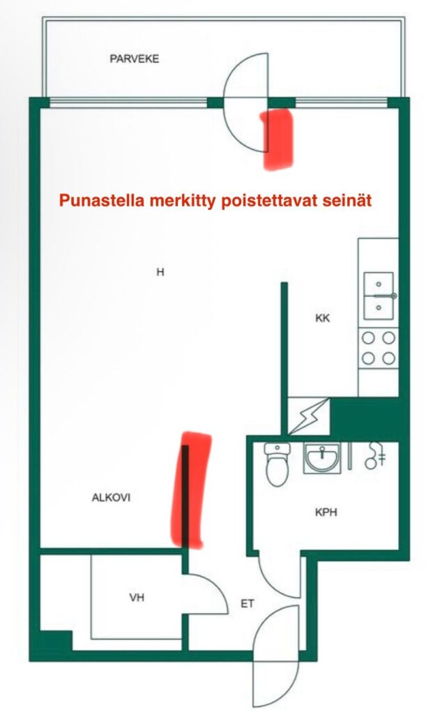 Yksiön pohjapiirros, johon asiakas on merkinnyt punaisella purettavat väliseinät
